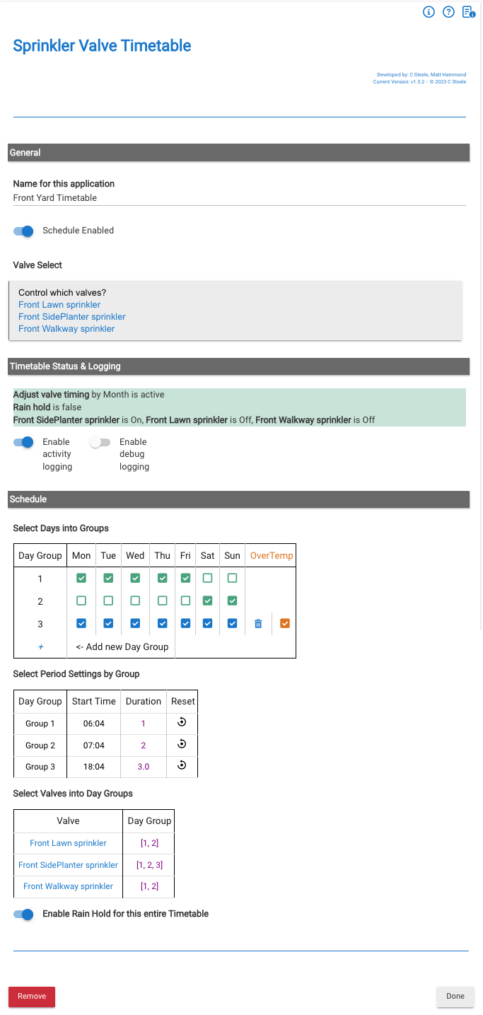 Sprinkler Schedule Timetable displayed